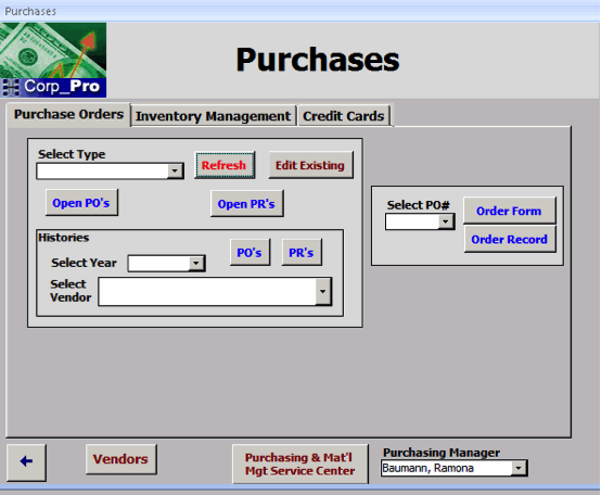 Purchase module for government contractor purchasing manager